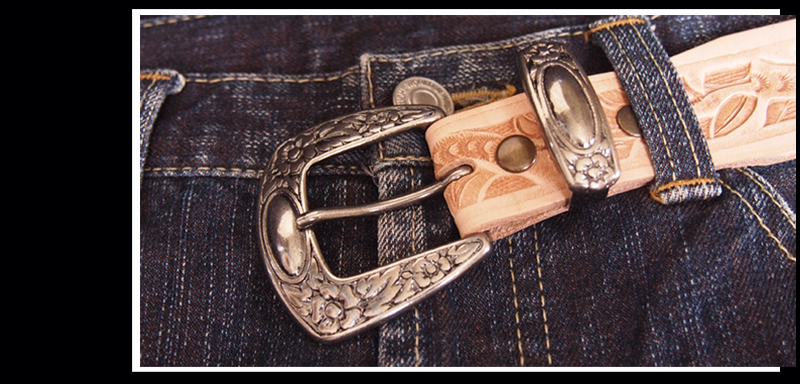 革ベルト・ファッションベルト　カービング風　型押しプンターレ付きベルト　帯付け替え式